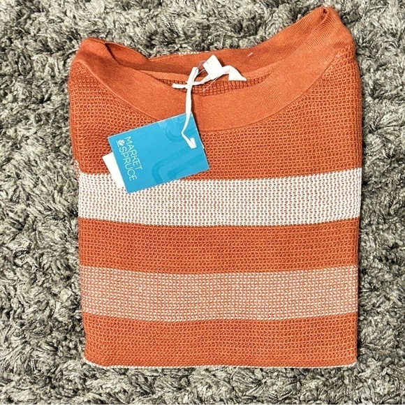 Market & Spruce Tawnee Cotton Blend Rust & White Stripe Waffle Sweater - Picture 3 of 7